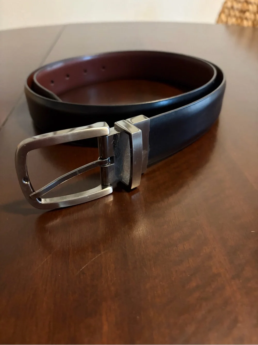 Reversible Leather Dress Belt in Black with Silver Buckle
